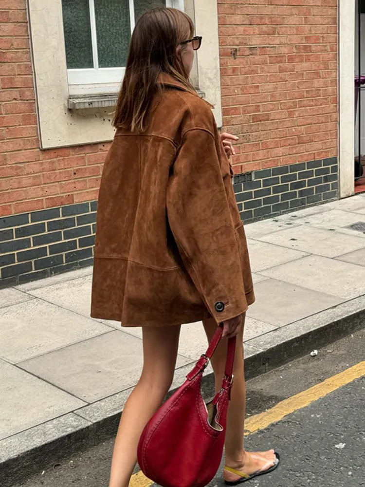 Brown Single Breasted Faux Leather Short Coat Women Loose Long Sleeves Lapel Jacket 2024 Autumn Female High Street Outwear 241106