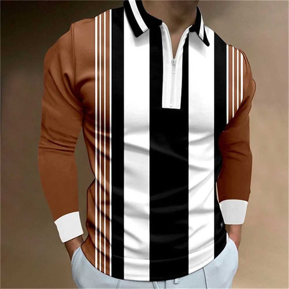 2024 Simple Stripe Print Mens Shirt Fashion High Collar Lapel T-shirt Mens Top Outdoor Casual Long Sve T-shirt Mens W241106