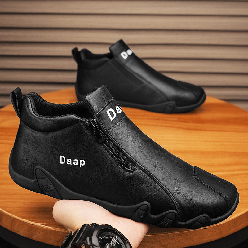 2024 Autumn New High Zipper Leather for Men's Casual One Step Korean Version Mid Top Labor Protection Work Board Shoes Trend