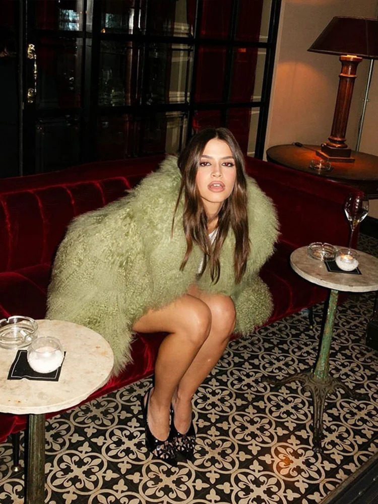 Oversize Green Faux Fur Short Jacket Coat Women Warm Thickened Fluffy Loose Long Sleeve Cardigan Winter Lady Street Outwear 241104