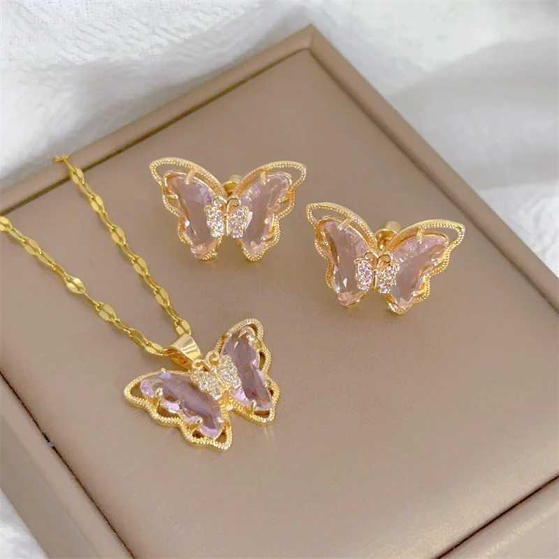 Fashionable and cute micro inlaid necklace earring set classic light luxury transparent stainless steel X241106