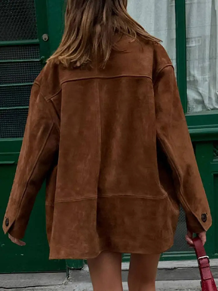 Vintage Brown Suede Womens Jacket Solid Color Single Breasted Shirt Jackets Autumn Fashion Casual Loose Women Outerwear 241106