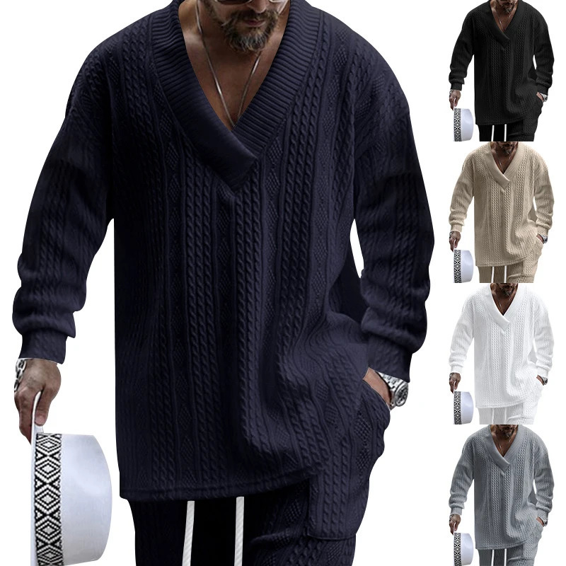 Mens Sweater Autumn Winter V-Neck Jacquard Warm Solid Color Long-Sleeved Sweater Casual Fashion Street Suit Mens Pullover 241106