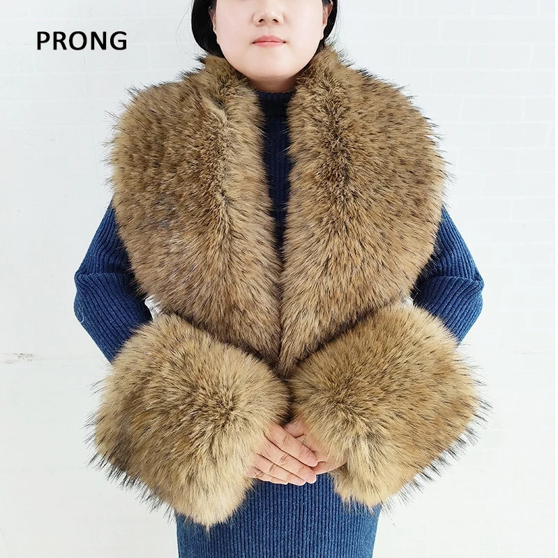 Artificial fur collar and cuff set for womens winter coat artificial fur large collar fluffy fake fox fur scarf collar warm scarf shawl 241106