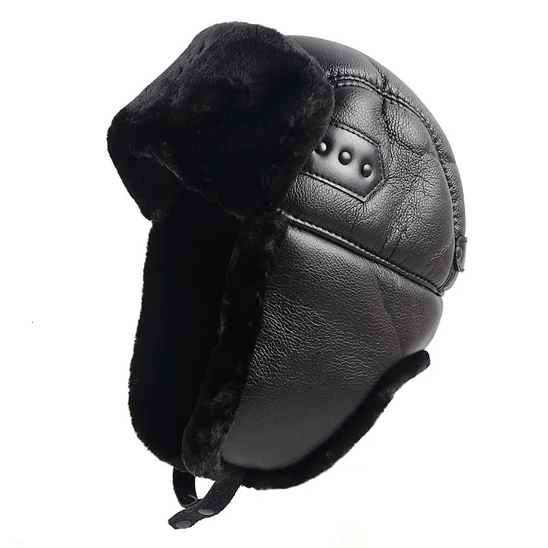Earflap hat winter hat men autumn black Pu leather hat warm Wusanka Russian faux fur bomber pilot trap hat men 241106