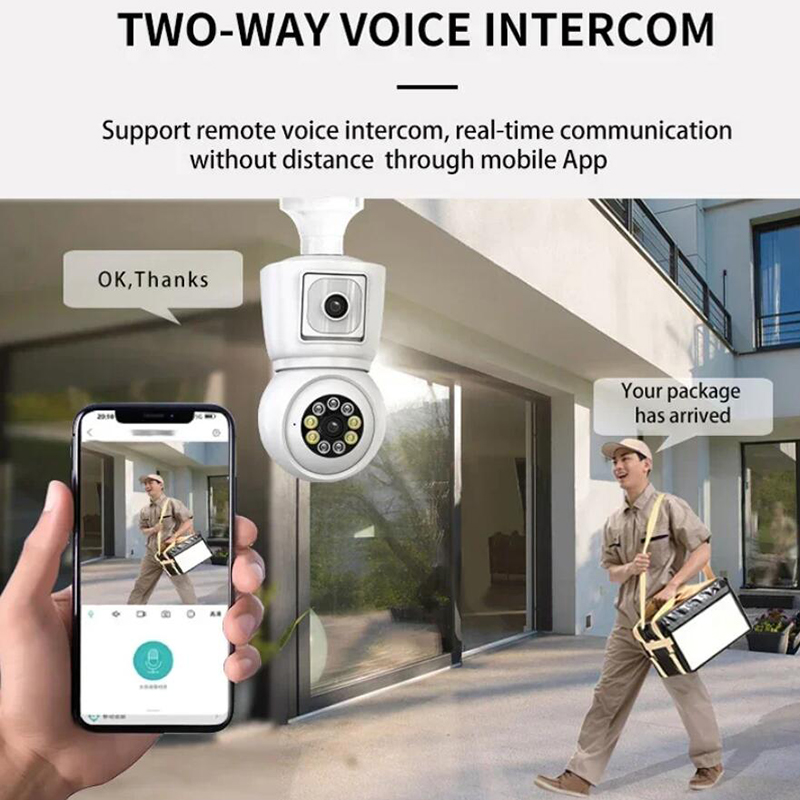 2MP E27 Bulb WiFi Camera Dual Lens Dual Screen Auto Tracking Two Way Audio Color Night Vision Outdoor Security Camera
