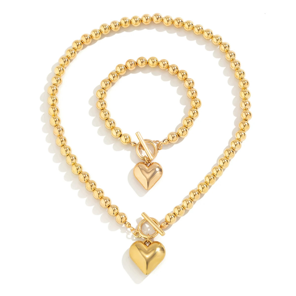 Salircon 2Pcs Simple Gold Color Ball Bead Chain Necklace Punk Hollow Heart Pendant Buckle Womens Banquet Set Jewelry 241106