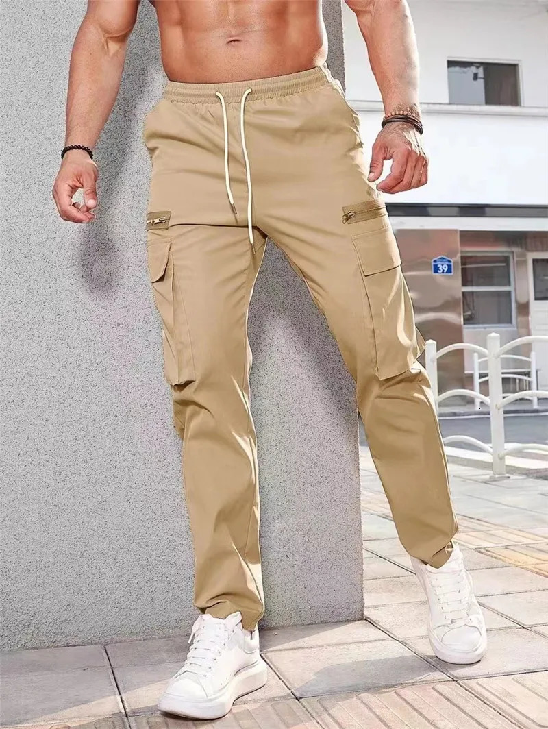 spring autumn Wearable men cargo Pants Drawstring sports Multi Pocket Mens sweatpants Quick drying solid color men trousers 241106