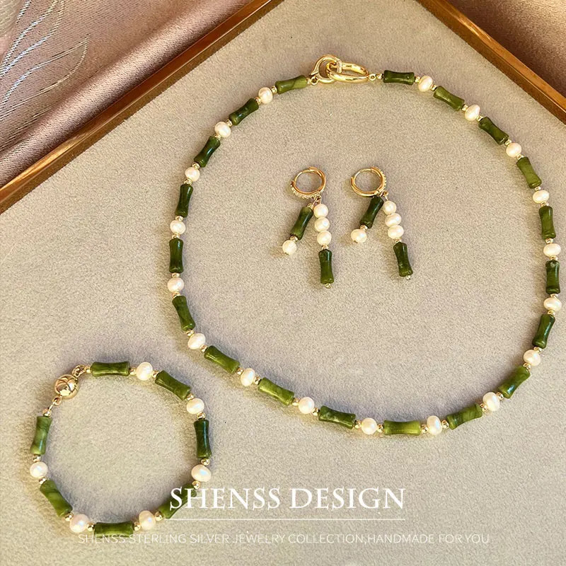 Jewelry Set Natural Freshwater Pearl Jade Bamboo Festival Necklace Bracelet Earrings Copper Plated 14k Gold Accessories Jewelry 241106
