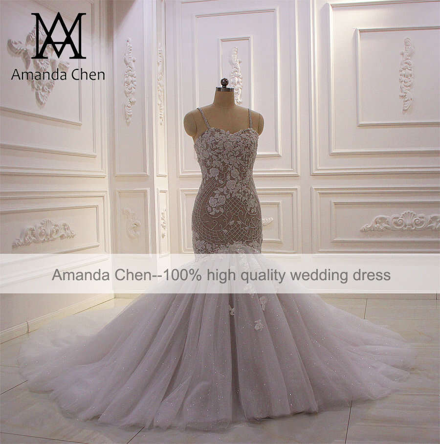 hochzeitskleid Spaghetti Straps Lace Appliqued Mermaid Wedding Dress