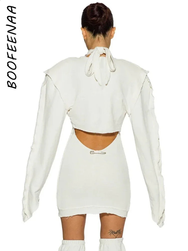BOOFEENAA Black 2 Piece Suits for Women Long Sleeve Cardigan and Halter Mini Dress Sets Sexy Clubwear Outfit C85EZ45 240401