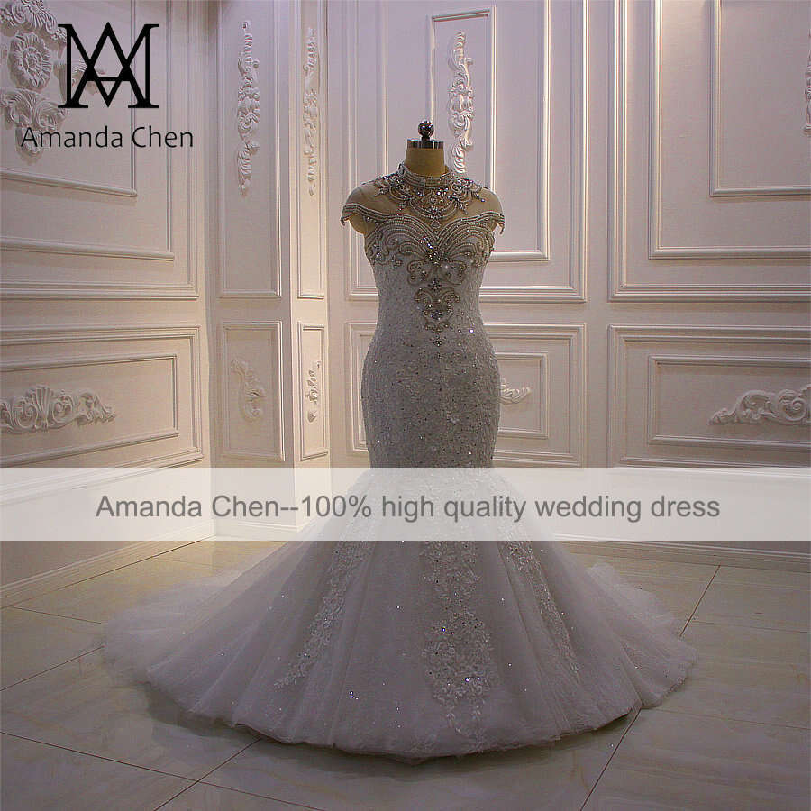mariage High Neck Cap Sleeve Lace Applique Crystal Pearls Fishtail Wedding Dress