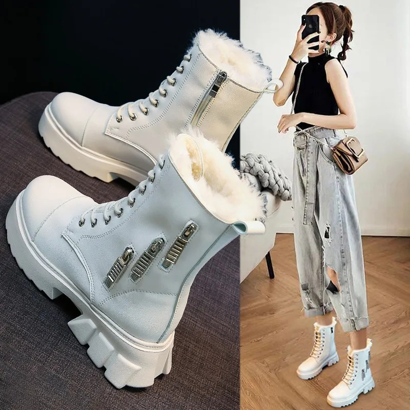 Women Snow Beige Plush Warm Fur Causal Boots Shoes Sneakers Ankle Booties Platform Thick Sole Lace Up Winter Shoes2025