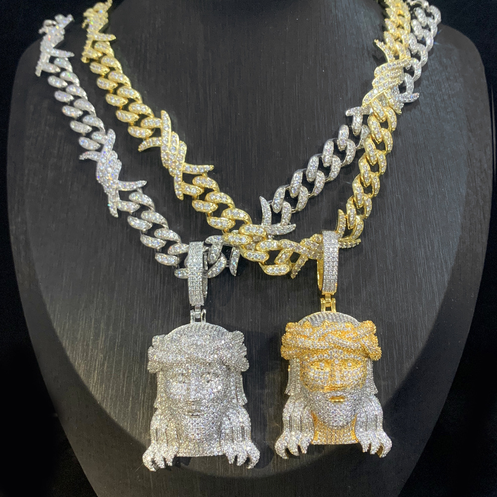 Hip Hop Jesus Face Pendant Necklace with Cuban Chain Jewelry Set 18k Gold Plated