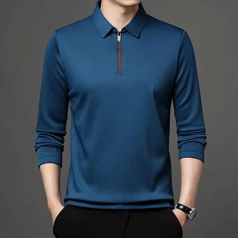 Solid color long Sve shirt fashionable zipper mens collar cotton collar long Sve T-shirt W241106