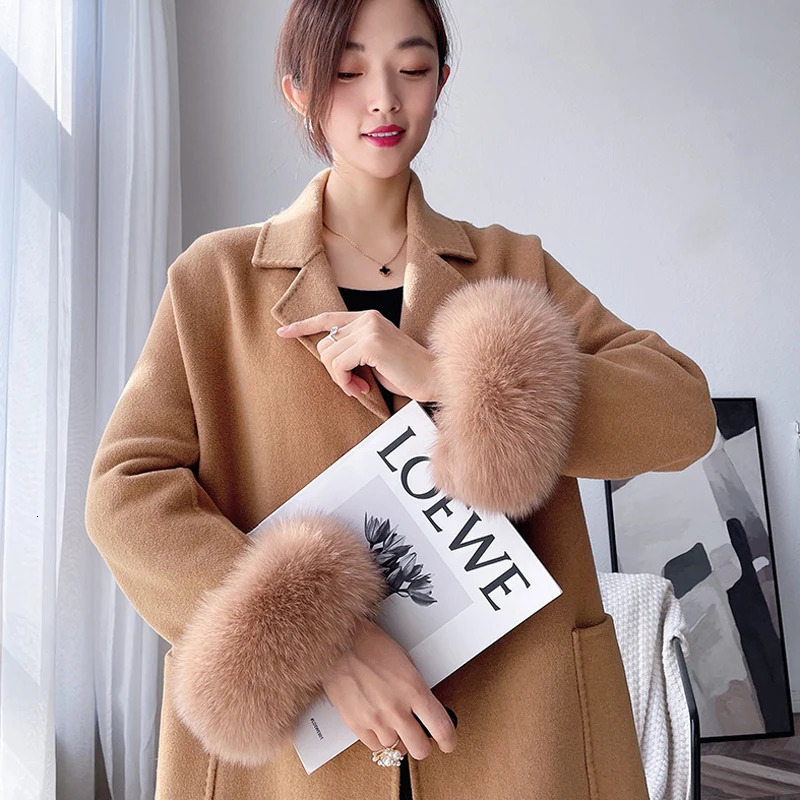 100% real fox fur cuffs winter natural warmth wristband ring womens coat decoration fox fur sleeves bracelet fashionable arm warmth gloves 241106