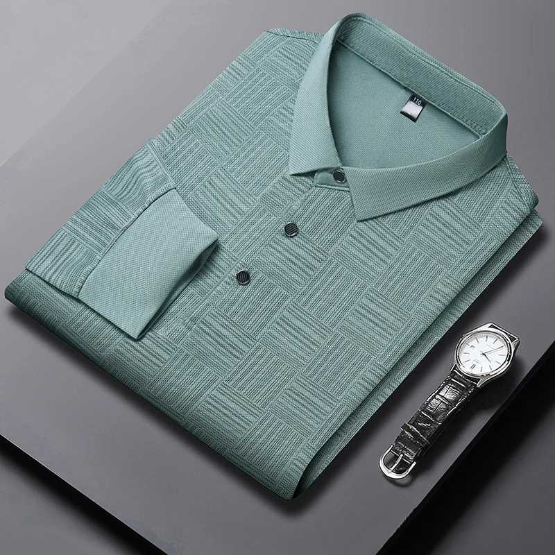 Mens high-end brand 2024 new spring and autumn striped printed long Sved seamless shirt anti wrinkle lapel T-shirt top W241106