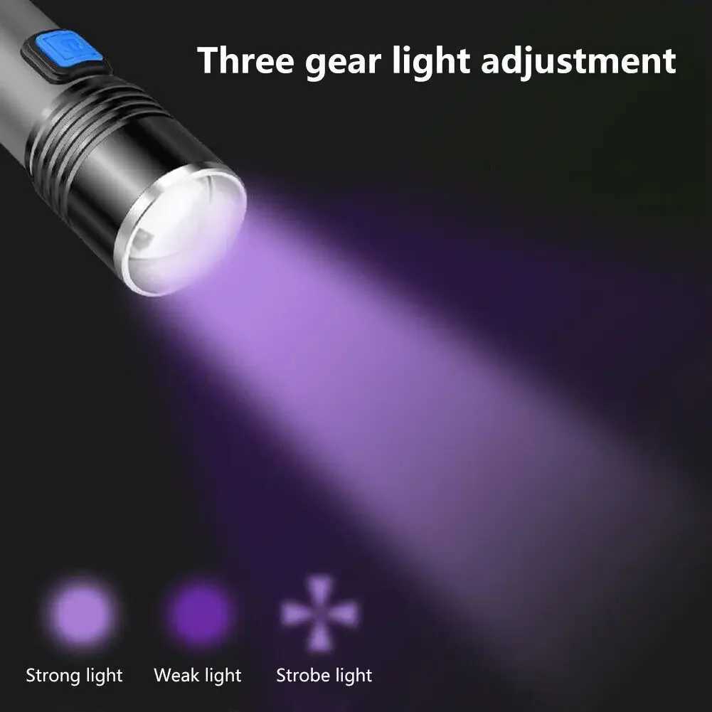 Rechargeable LED UV Flashlight Ultraviolet Torch Zoomable Mini 395nm UV Black Light Pet Urine Stains Detector Scorpion HuntingXJ241106