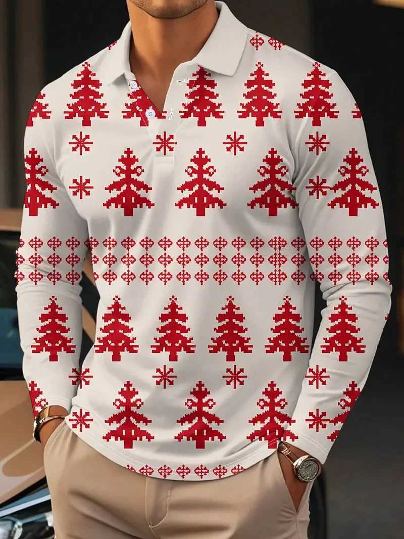 Full print Christmas graphic long Sve mens shirt casual super large city collar shirt mens T-shirt top W241106
