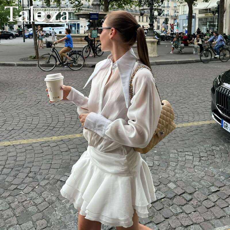 Talenza See-Through Chiffon Casual Women's Summer Loose Slim Shirt Solid Color Long Sleeve Ruffle Mini Dress