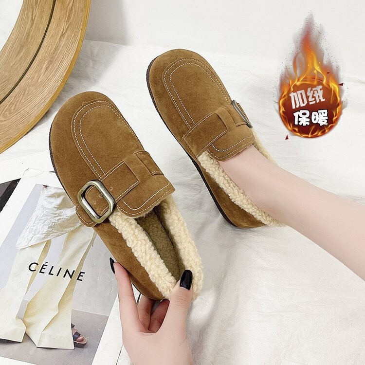 High heels, plus plus plus size bean shoes, women's music shoes, versatile and thick plush single shoes, wearing cotton shoes on the outside