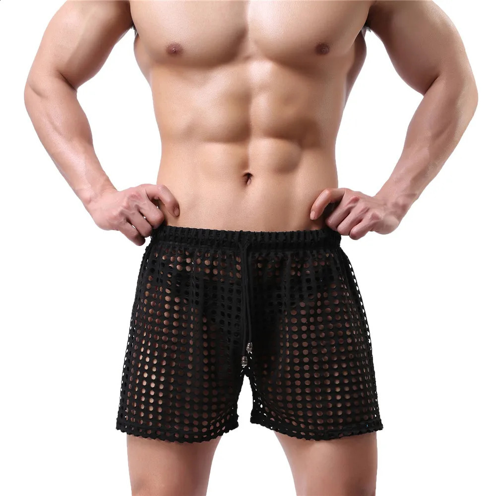 Sexy Mens Causal Shorts Big Mesh Breathable Gym Fishnet Boxers Transparent Loose Sleep Bottoms Men Hollow Out Swim Trunks 240323