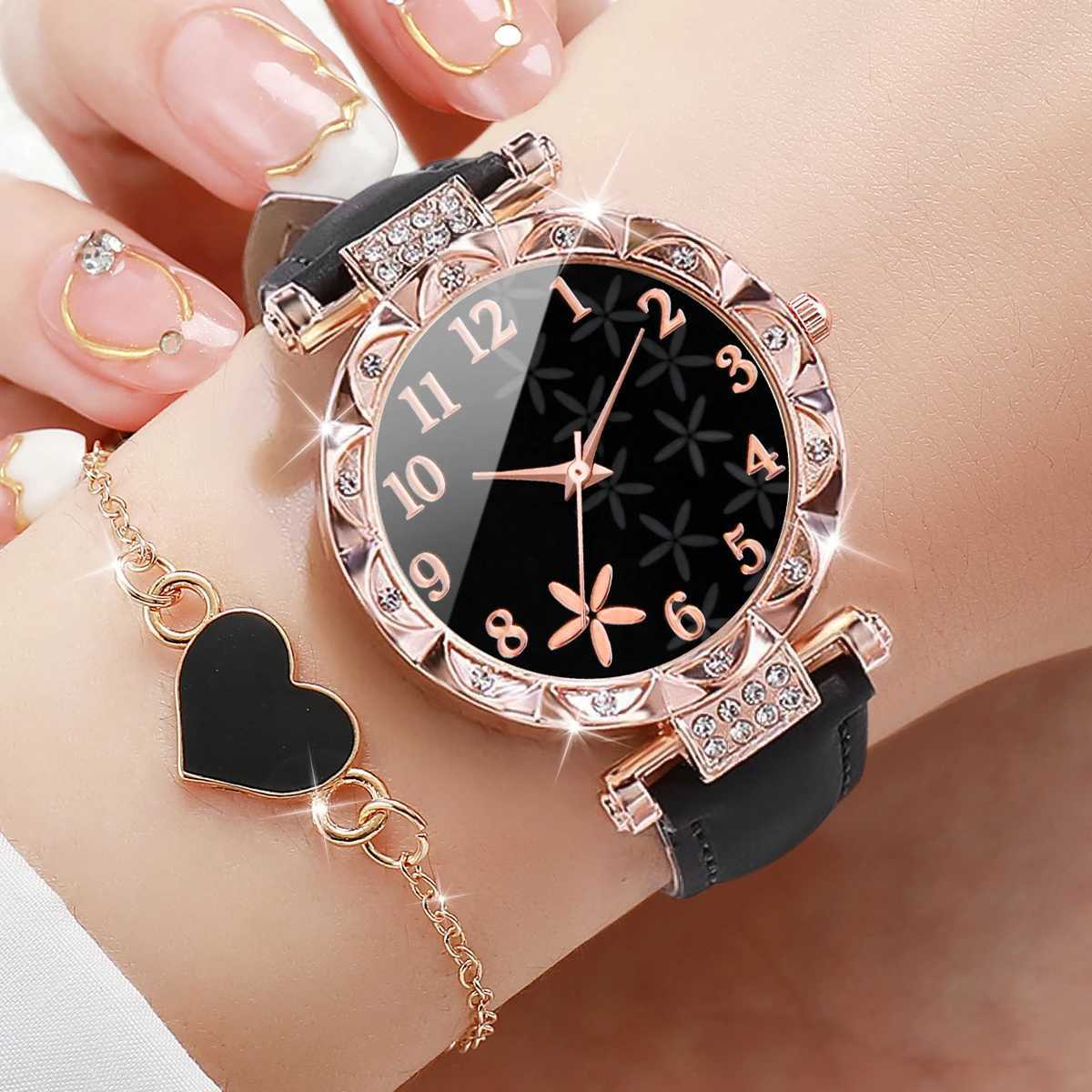 6-piece/set Wens Watch Fashion Flower Dial Leather Quartz Watch with Bracelet Set X241106