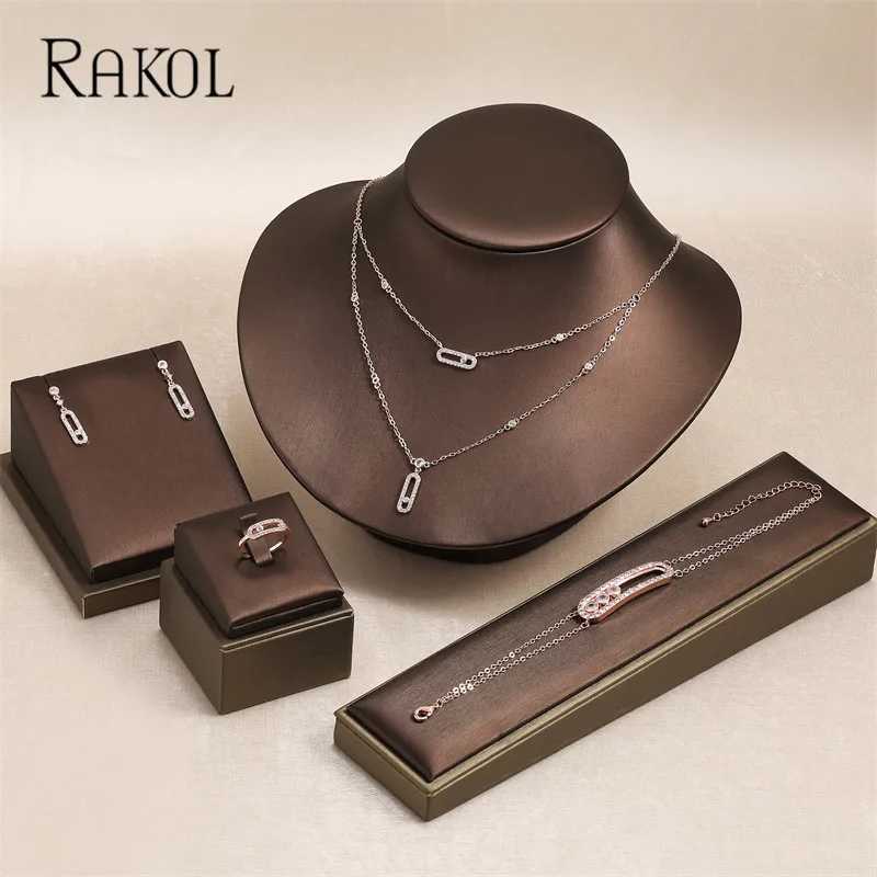 RAKOL double-layer Geely paper clip pendant necklace earrings used for stylish zircon rings bracelets party jewelry sets gifts X2411161