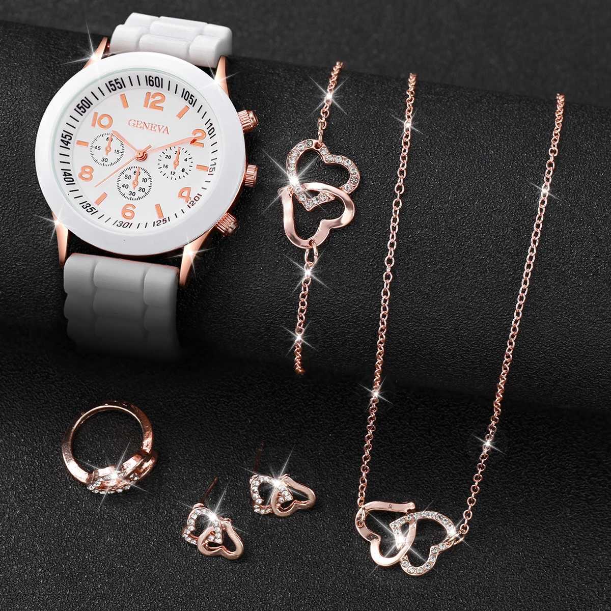 6-piece/set Warm Fashion Silicone Strap Quartz Watch with Shaped Jewelry Set X241106
