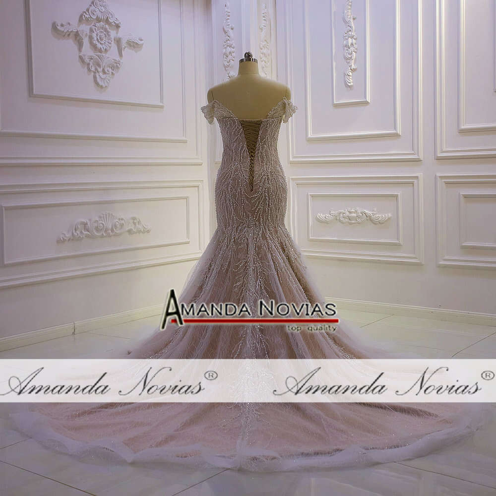 Champagne Off The Shoulder Full Pearls Lace Mermaid Wedding Dress