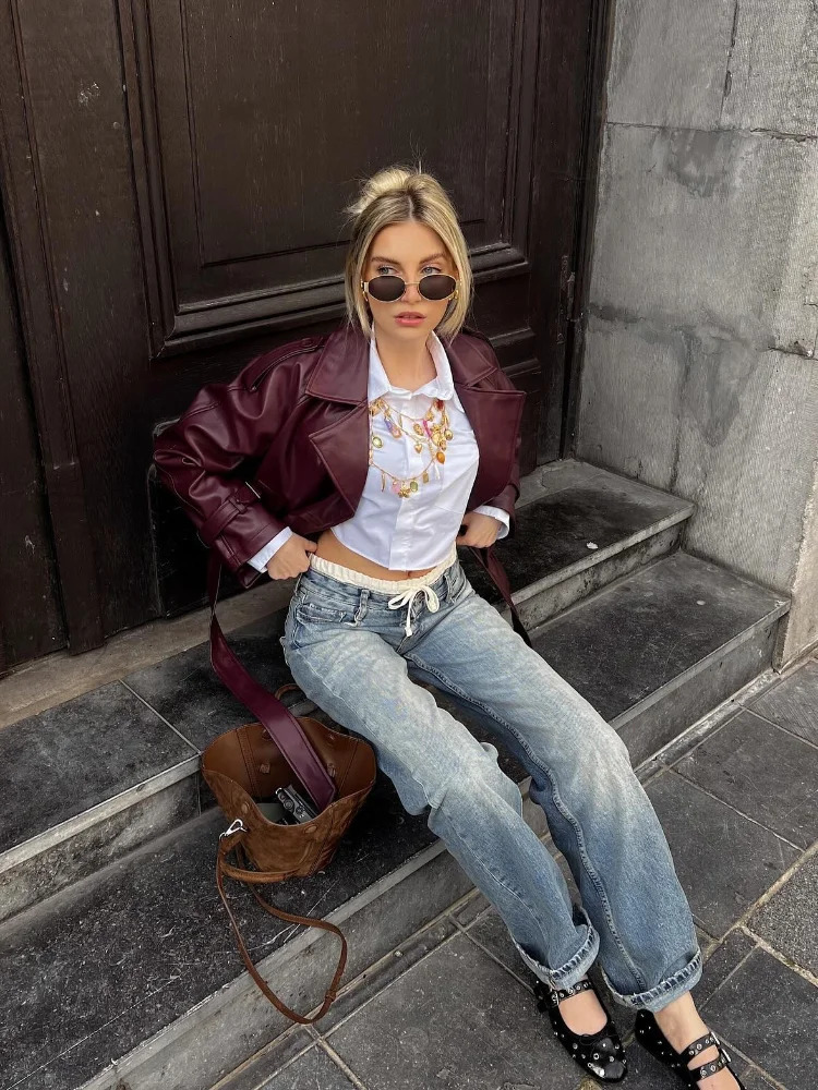 Fashion Women Autumn Solid Short Leather Jacket With Belt Elegant Lapel Long Sleeves Cropped Coat Chic Lady Commuting Outerwear 241106