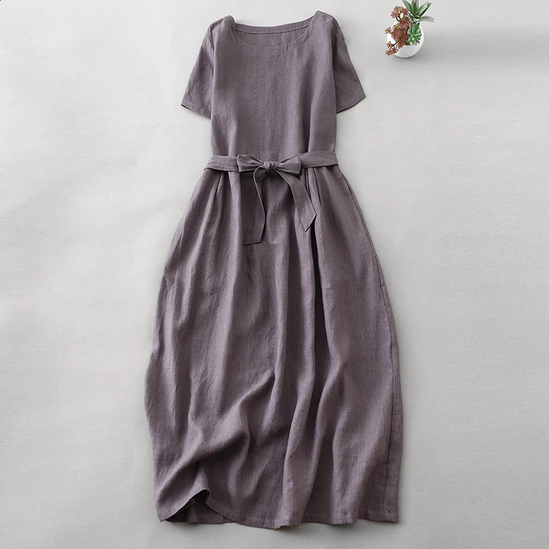 Cotton and Linen Solid Color Round Neck Shortsleeved dress Womens Summer Koreanstyle Retro Artistic Elegant Loose Laceup 240329