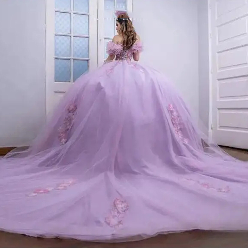 Light Lilac Ball Gown Quinceanera Dresses Illusion Off The Shoulder 3D Flowers Beading Crystal Tull Sweet 16 Dress Vestido De 15 Anos