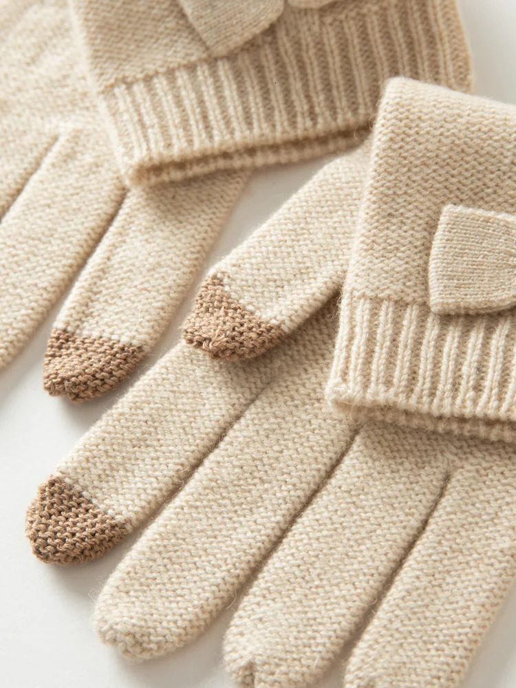 100% genuine cashmere knitted gloves touch screen fingers womens autumn and winter thick cable warm wrist classic womens gloves 241106