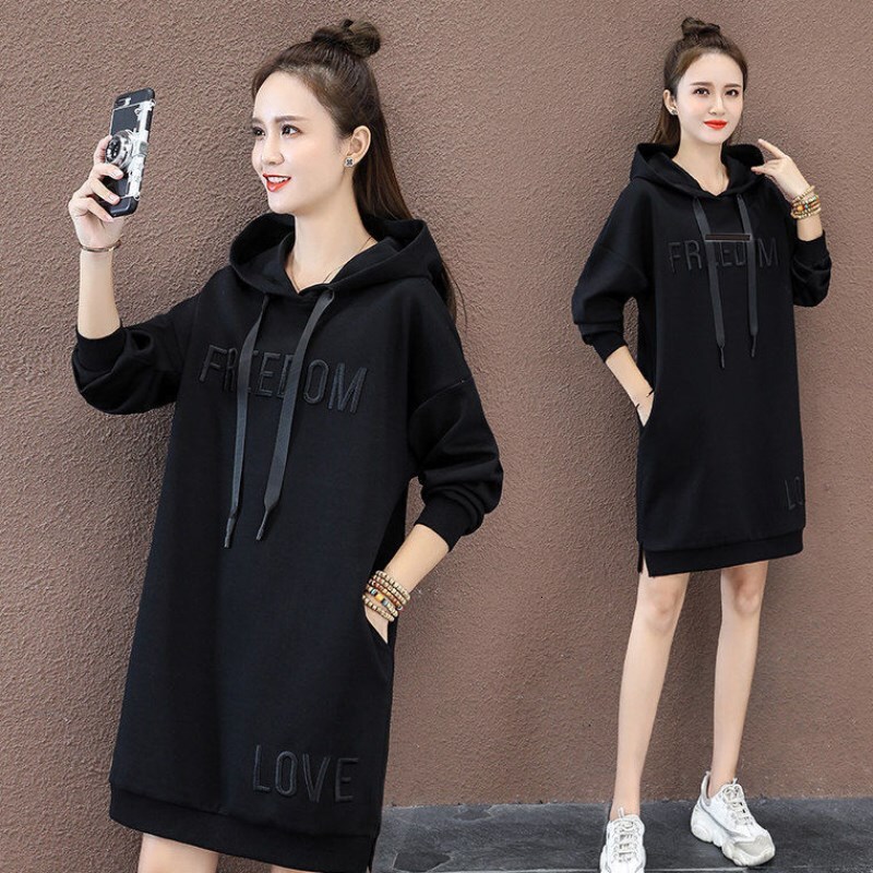 New designer thickened plush hooded medium-sized women's clothing Korean version loose long sleeved multifunctional hooded dress slim and fashion