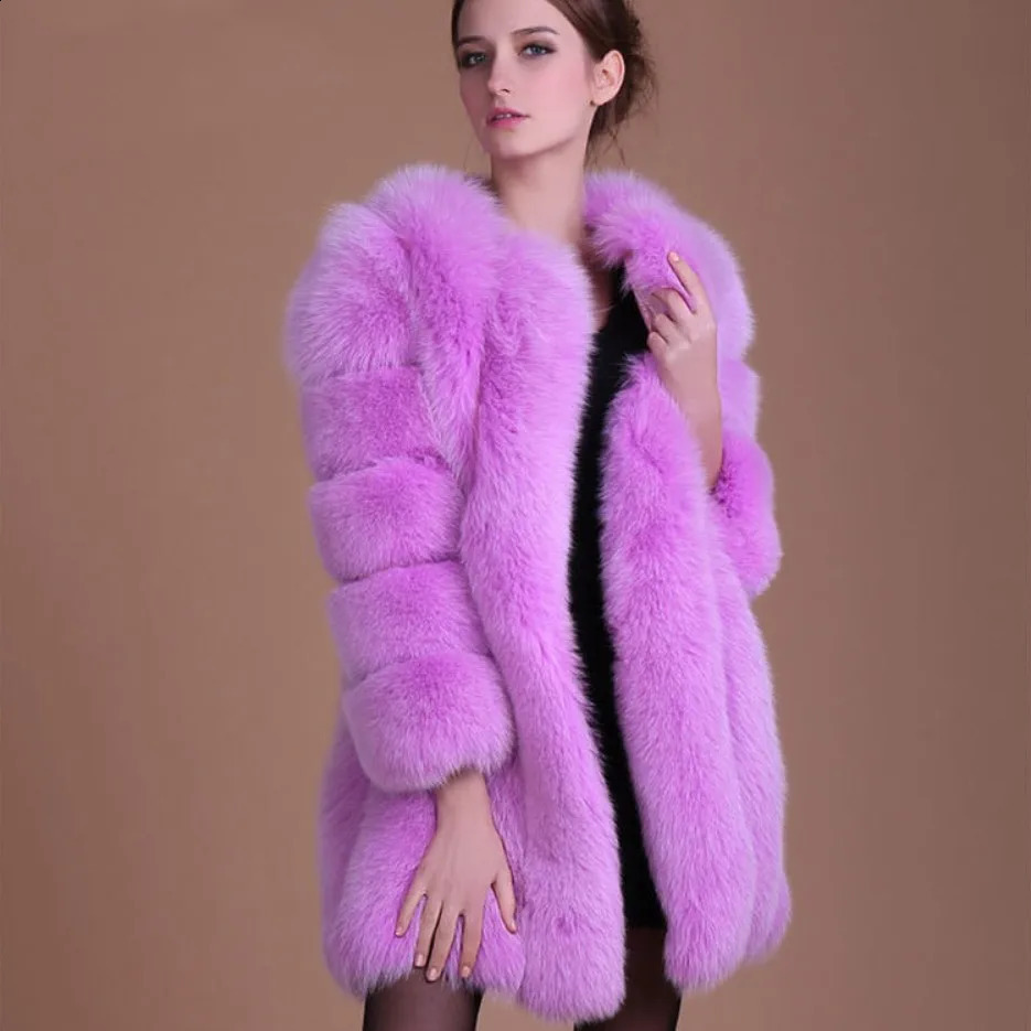 y Long Faux Fox Fur Coat Women Slim Solid Color Jacket 4XL Large Size Winter Coats Manteau Fourrure 241104