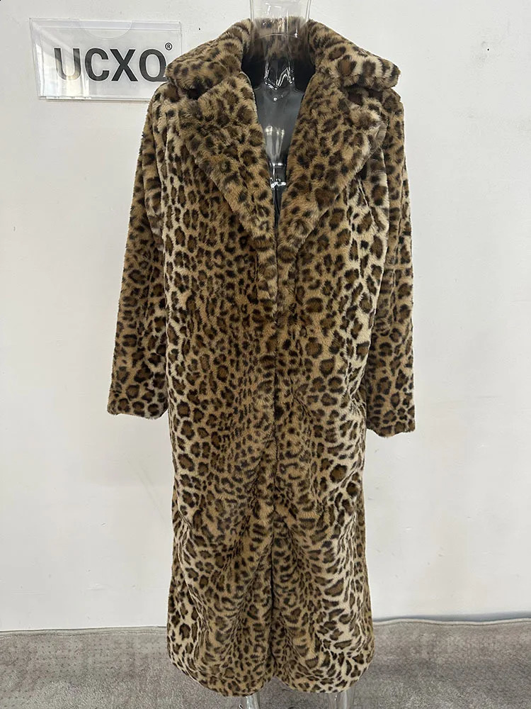 UCXQ Fashion Long Coat European Style Leopard Suit Collar Cardigan Loose All Match Casual Women Autumn Winter 4203 241104