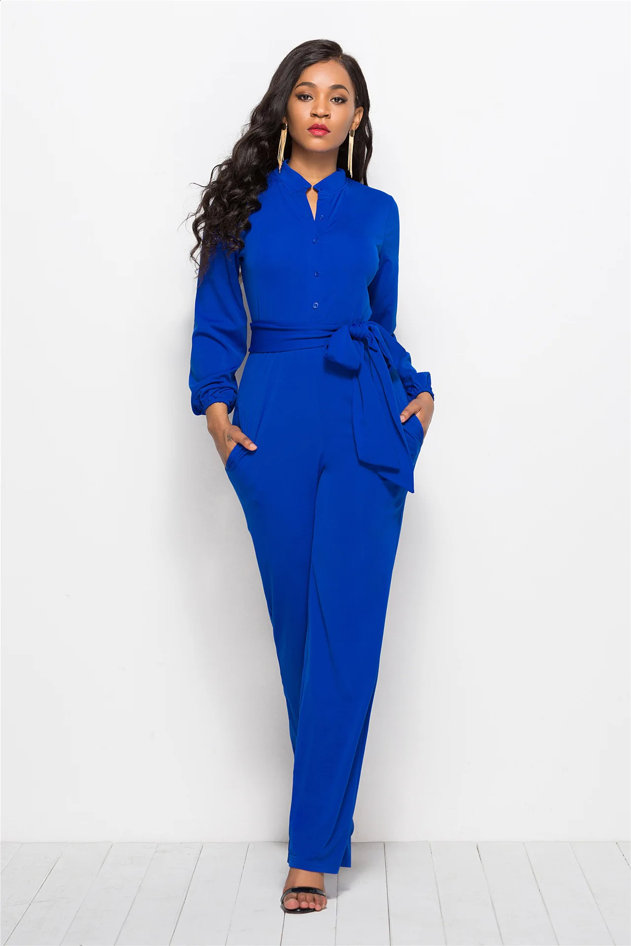 Temperament Solid Color Slim Jumpsuits Women Fashion Long Sleeve Buttons High Waist Leace-up Jumpsuit Ladies Commuting Clothing 241105
