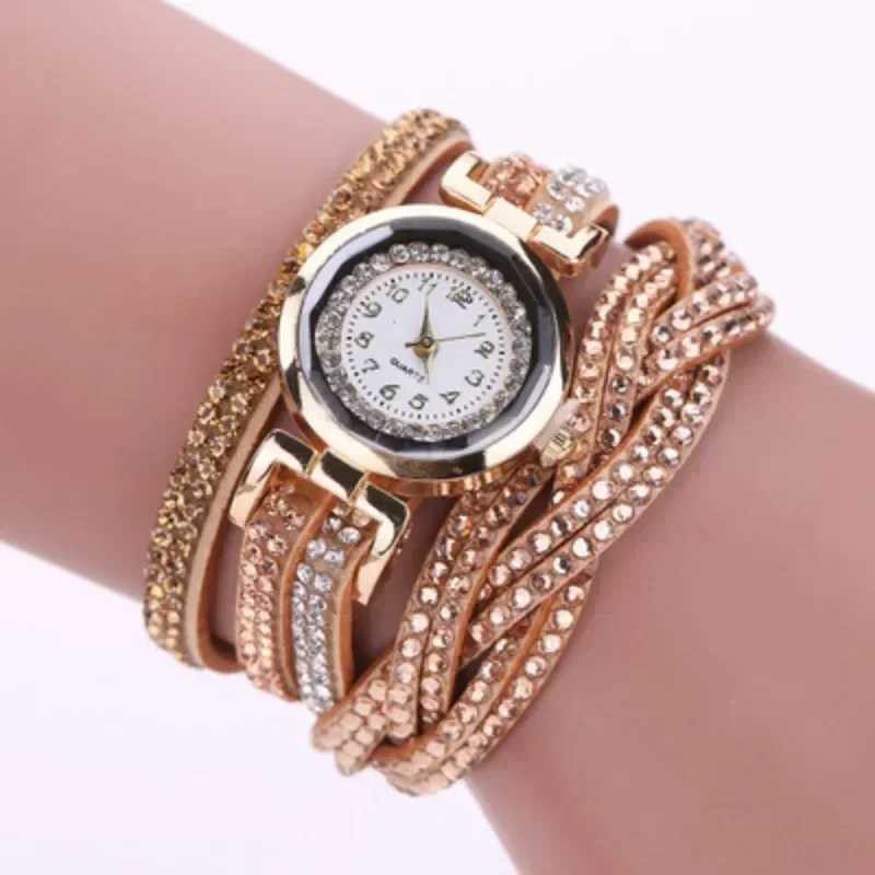 Leisure Gold Quartz Watch Warm Rhinestone Fashion Knitted Leather Bracelet Watch Gift Womens Watch Relogio Womens Gift X241106