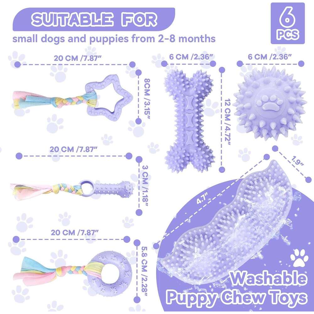 Petcare 6 Pack Cute Purple Chew Toys for Puppies 0-6 Months, Soft Rubber Rope Dog Teething Best Small Toys, Puppy Essentials Supplies