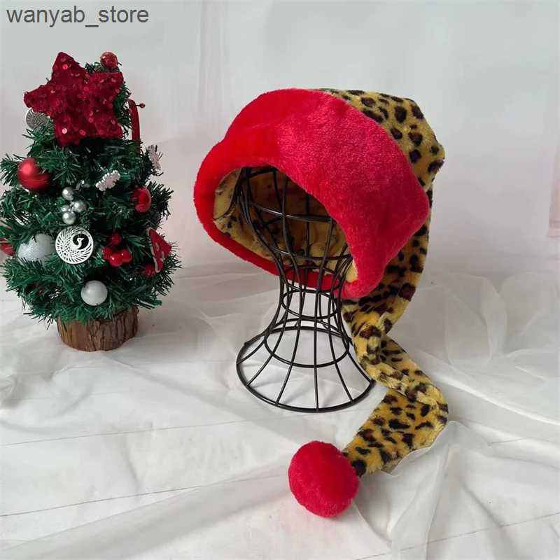 Wide Brim Hats Bucket Hats New Christmas Hat 30 * 75cm Red Leopard Pattern Plush Hat Long Holiday Decorative Hat L240910