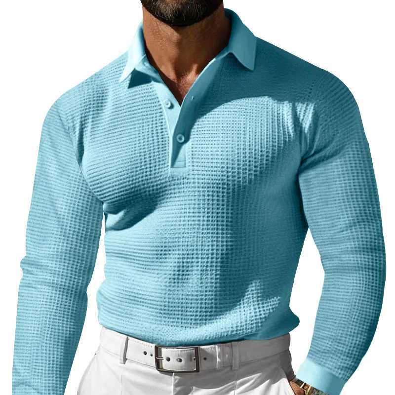 Autumn mens casual long sved shirt fashionable solid color slim fit collar button Wfle Pullover holiday casual T-shirt W241106