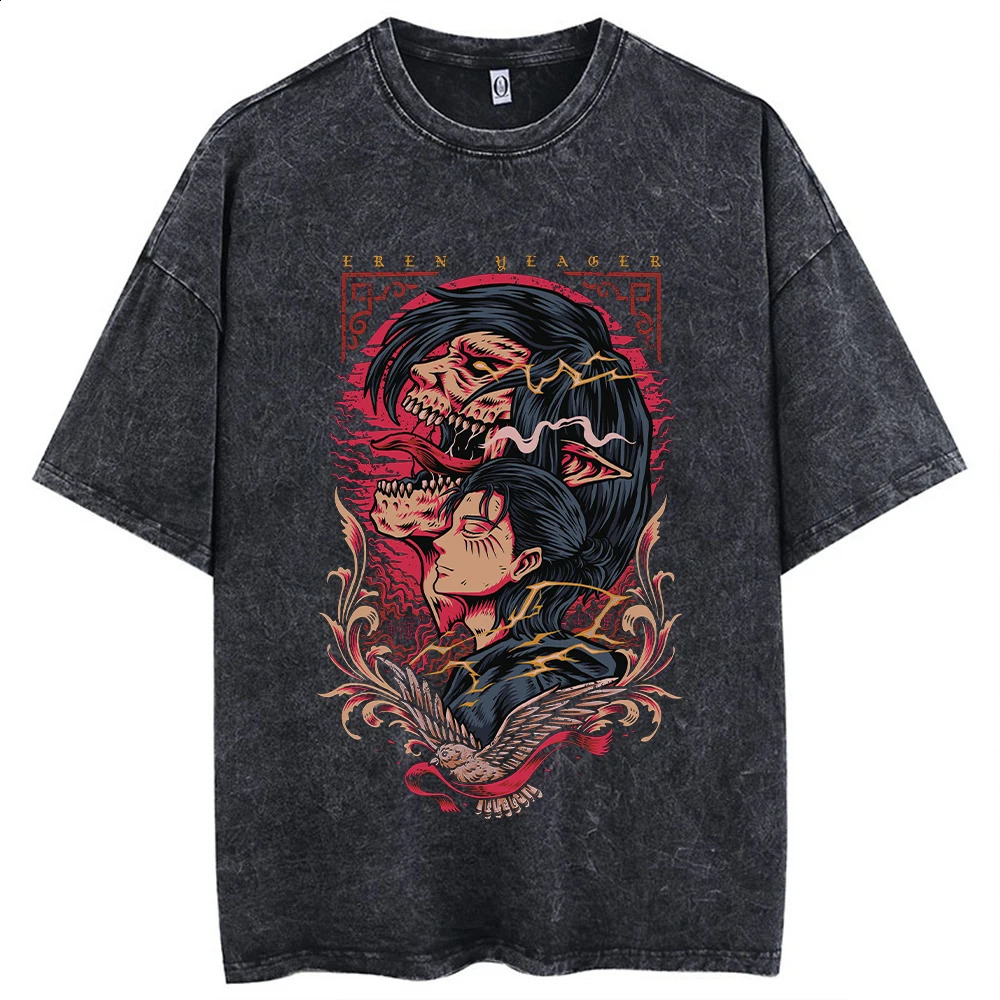 Hip Hop Oversized Streetwear Vintage Tshirts Japanese Anime Printed Washed Short Sleeve T Shirt Summer Cotton Male Tops 240402