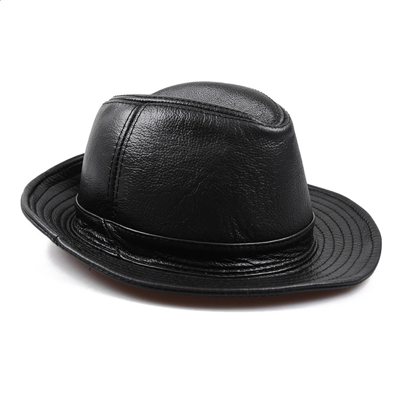 2024 Mens High Quality Genuine Leather Cowboy Leather Fedora Gentleman Cowboy Leather Short Brim Black/Brown Top Hat Mens Display 241105