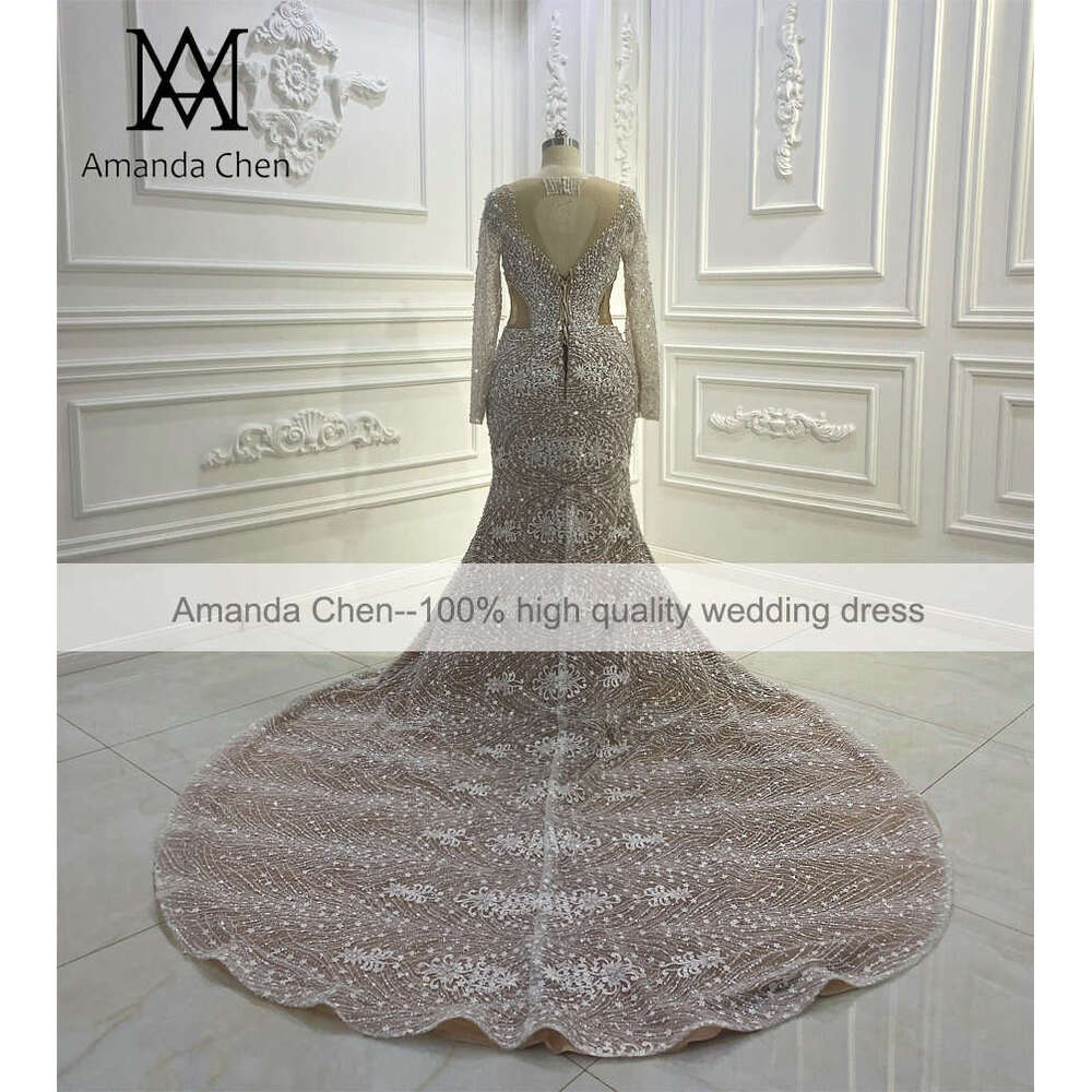 Popular Long Sleeve Beading Champagne Mermaid African Wedding dress