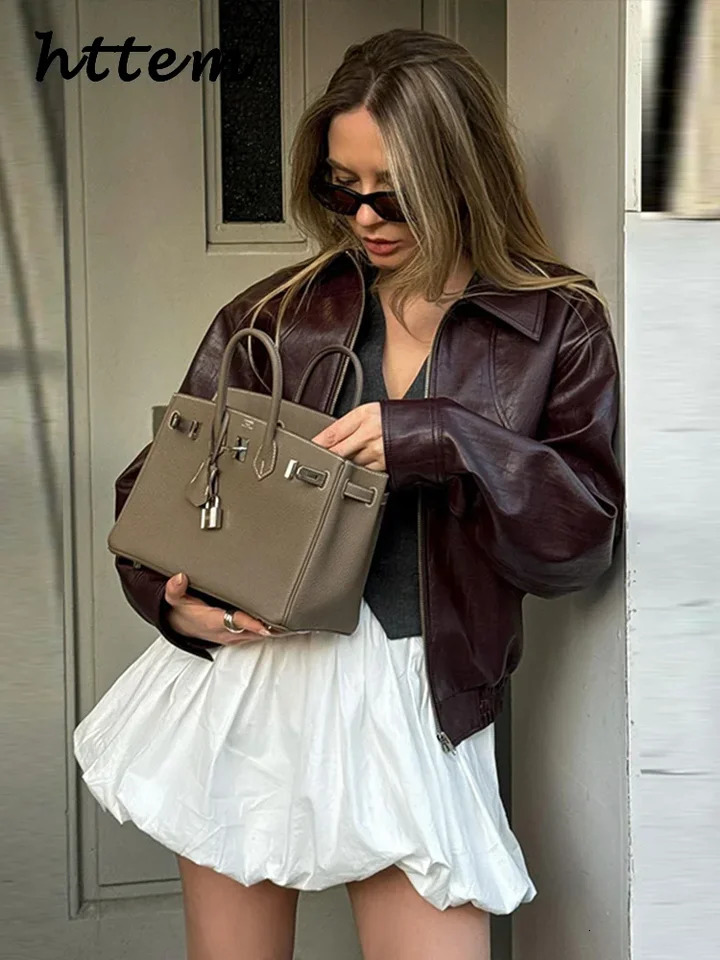 Fashion Zipper Short Leather Jackets Women Loose Lapel Long Sleeve Spliced Cropped Coats 2024 Autumn Lady Solid Y2k Streetwear 241106