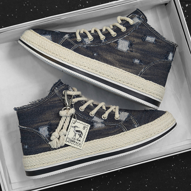 Distressed Denim High Top Skate Shoes With Good Grip, Breathable Lace-up Sneakers, Men's Footwear, Espadrilles Inspired Look.