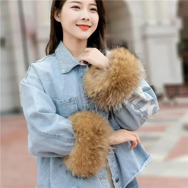100% natural raccoon womens fur cuffs 2PCS fur wrist warm fluffy fur sleeves 241106
