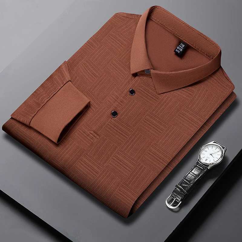 Mens high-end brand 2024 new spring and autumn striped printed long Sved seamless shirt anti wrinkle lapel T-shirt top W241106