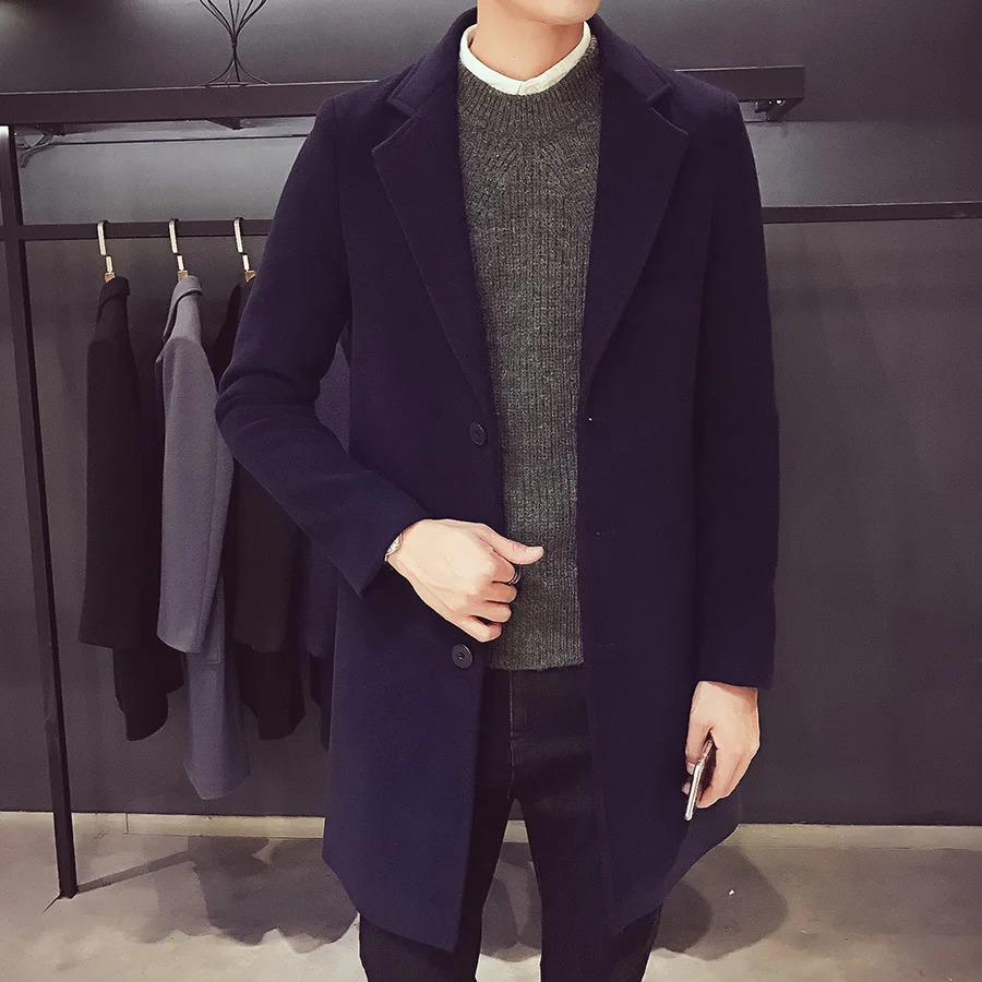 Autumn and winter slim fit mens long wool coat with single chest collar street fashion business trench coat for mens wear 241106